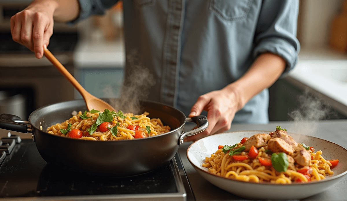 A person cooking a high-protein pasta dish: stirring lentil pasta in a pot with vegetables and grilled chicken, with a steaming bowl of the dish on the kitchen counter.