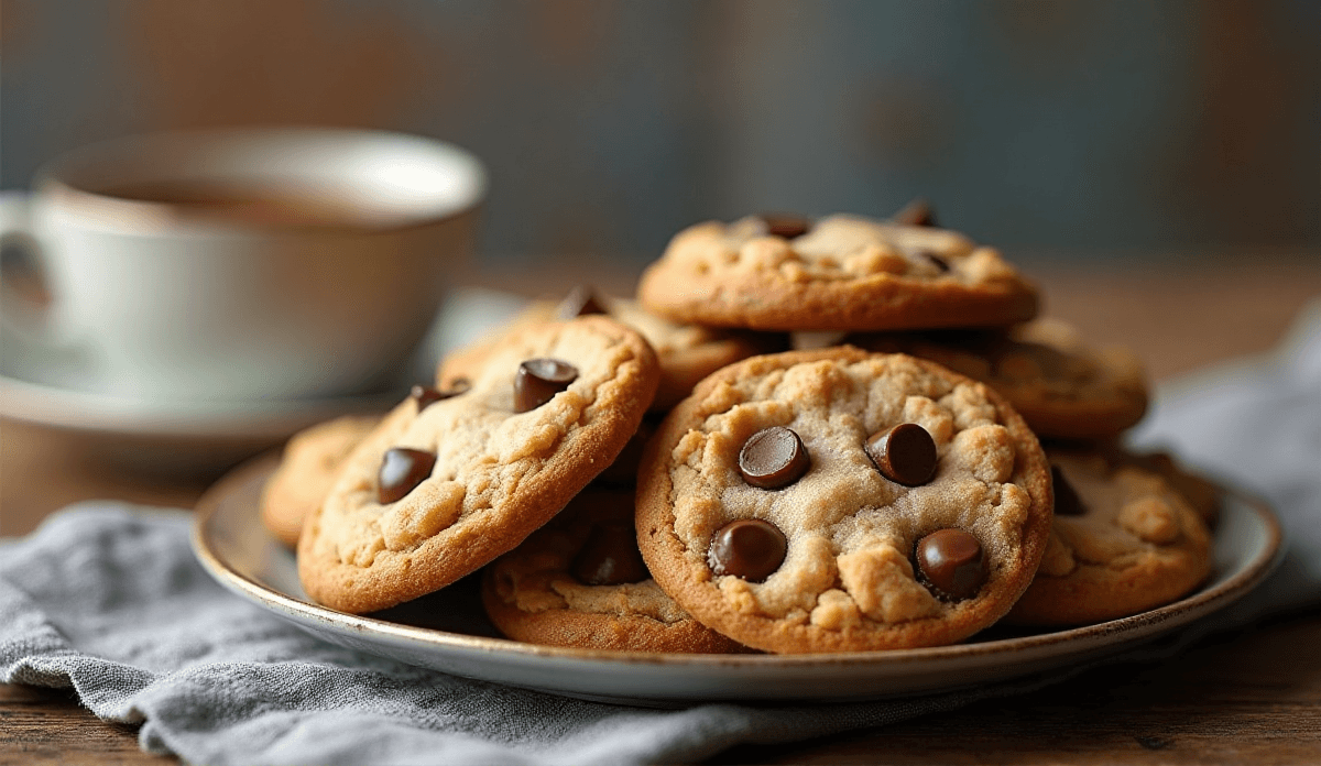 "A plate of freshly baked protein cookies, with chocolate chips and nuts, displayed on a rustic table with a cup of tea beside it. The cookies look golden brown and delicious.