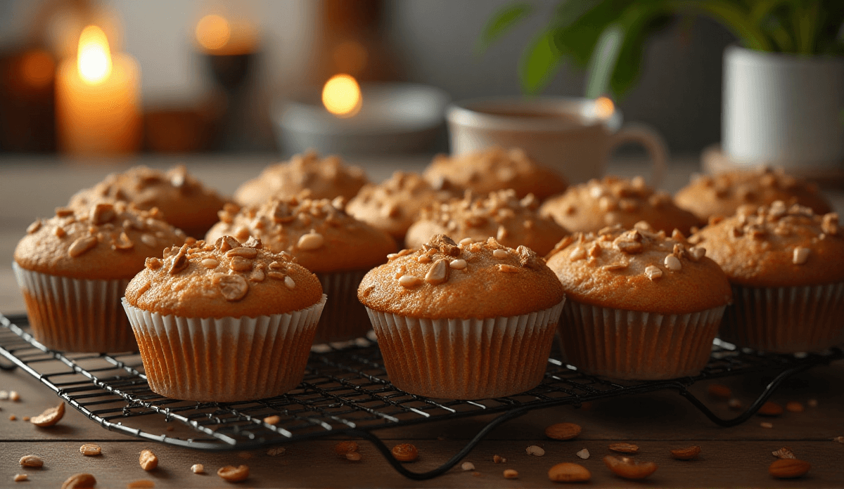 A tray of freshly baked protein muffins with a golden brown crust, topped with nuts or seeds, and arranged on a cooling rack in a cozy kitchen setting.