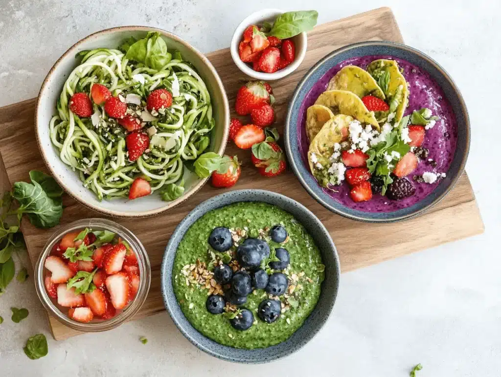Delicious and Easy Raw Vegan Recipes for a Healthy Lifestyle 3 Delicious and Easy Raw Vegan Recipes for a Healthy Lifestyle Three different raw vegan meals beautifully plated.