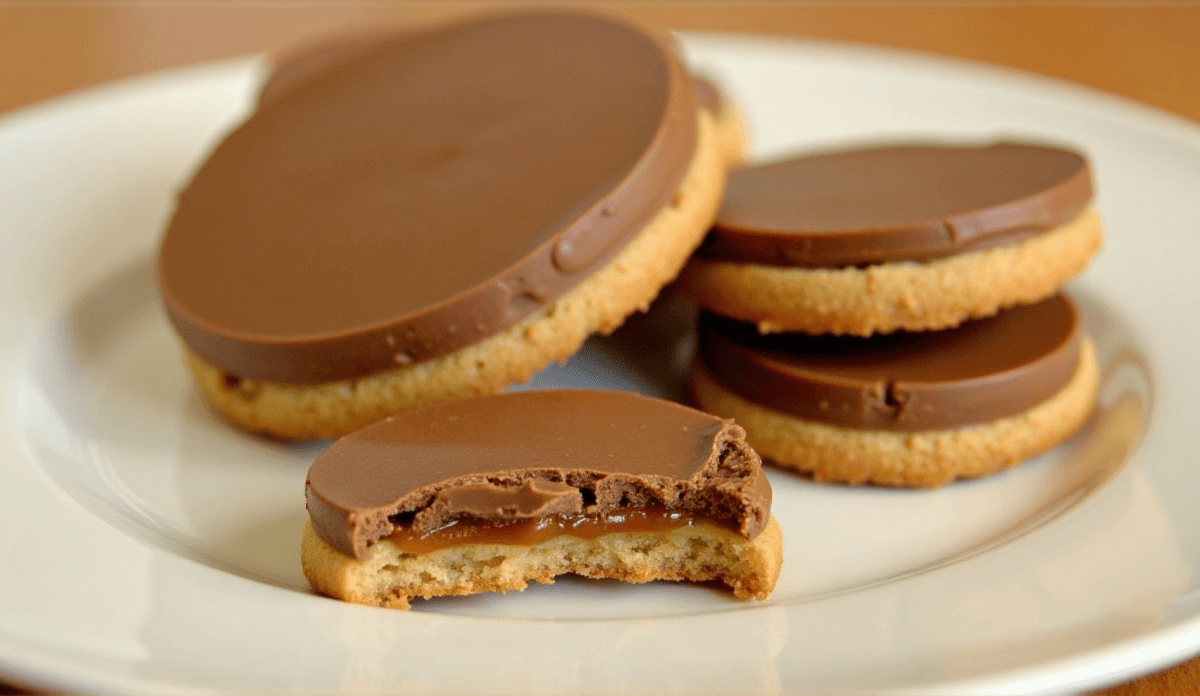 A plate of freshly made Twix cookies, showing the three layers—shortbread, caramel, and chocolate—stacked neatly, with a bite taken out of one to reveal the inside.