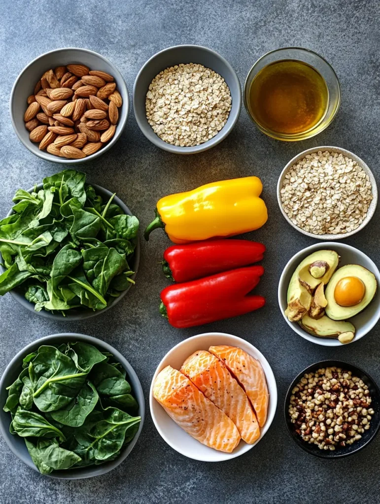 How to Create Gallbladder-Friendly Meals: Recipes for Better Digestion 3 How to Create Gallbladder-Friendly Meals: Recipes for Better Digestion A flat-lay image of gallbladder-friendly foods, including fresh vegetables (spinach, kale, and bell peppers), lean proteins (grilled chicken and salmon), healthy fats (avocado and olive oil), whole grains (quinoa and brown rice), and a small bowl of nuts and seeds. The image is well-organized with a clean, neutral background to emphasize health and balance.