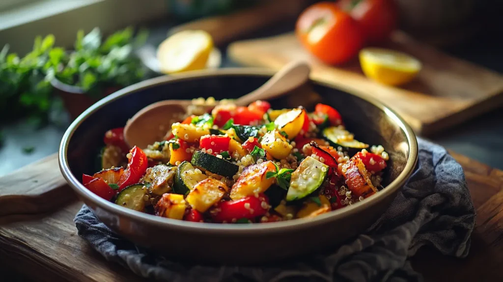 How to Create Gallbladder-Friendly Meals: Recipes for Better Digestion 4 How to Create Gallbladder-Friendly Meals: Recipes for Better Digestion A cozy kitchen scene with a freshly prepared quinoa and roasted vegetable salad in a ceramic bowl. The dish includes bright red bell peppers, zucchini, and cherry tomatoes, lightly drizzled with olive oil. A wooden spoon rests on the side, and a plate of lemon wedges is nearby. Soft kitchen lighting and fresh herbs add to the warm, inviting ambiance.