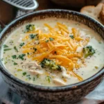 Bowl of chicken broccoli cheddar soup with garlic bread on the side.