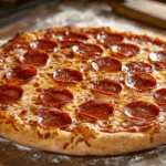 Freshly baked pepperoni's pizza with golden crust and melted cheese.