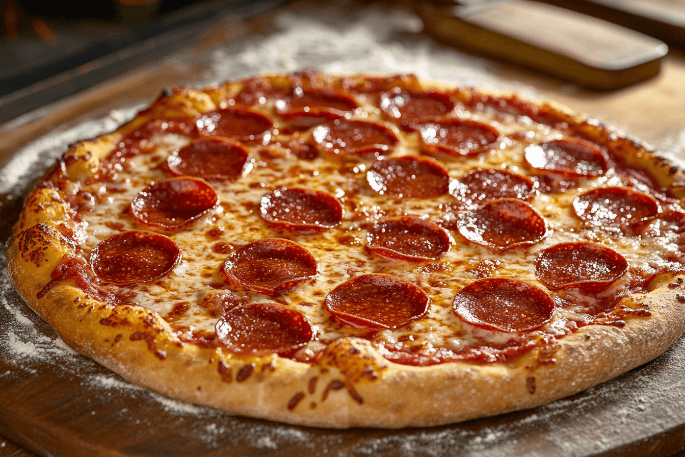 Freshly baked pepperoni's pizza with golden crust and melted cheese.