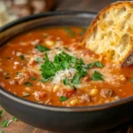 Bowl of creamy Parmesan Italian sausage soup with garlic bread.