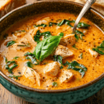 Bowl of creamy Marry Me Chicken Soup garnished with basil.