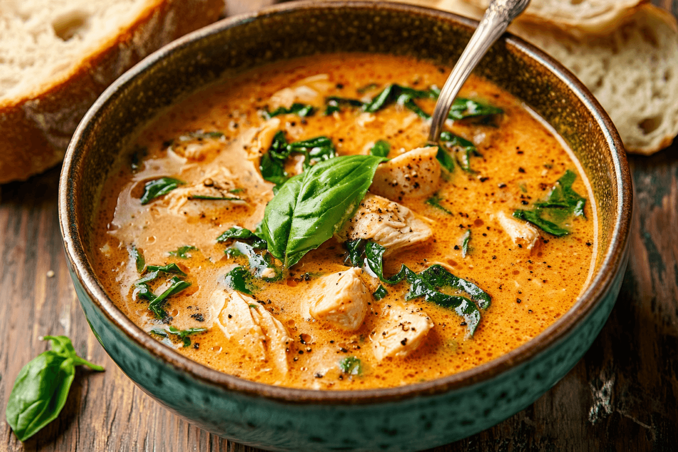 Bowl of creamy Marry Me Chicken Soup garnished with basil.