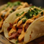 Kimchi tacos with bulgogi beef and colorful toppings on a rustic table