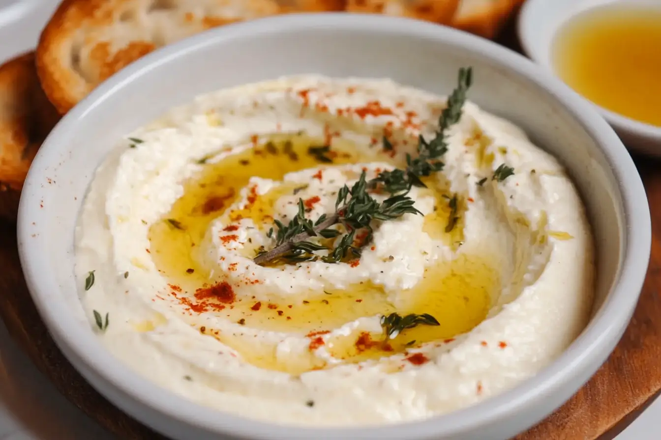 Whipped ricotta dip in a bowl topped with olive oil and herbs.