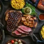 A top-down view of a beautifully arranged carnivore diet meal spread on a rustic wooden table. The meal includes a grilled ribeye steak with sear marks, crispy bacon, golden scrambled eggs, a seared salmon fillet, roasted chicken thighs, and a sizzling skillet of ground beef. The natural lighting enhances the rich textures and colors of the protein-packed dishes, emphasizing the simplicity and variety of the 30-day carnivore diet meal plan.