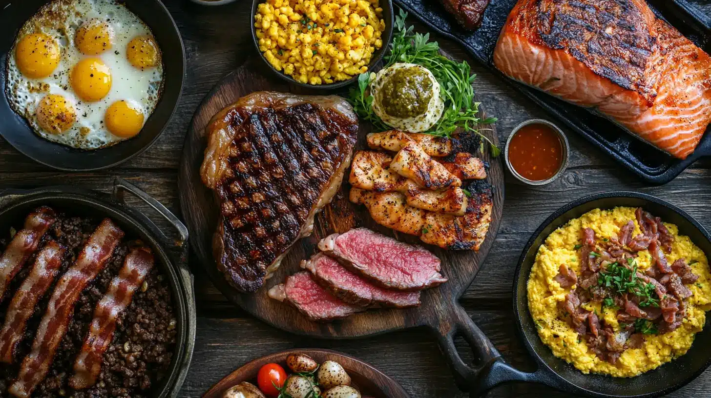 A top-down view of a beautifully arranged carnivore diet meal spread on a rustic wooden table. The meal includes a grilled ribeye steak with sear marks, crispy bacon, golden scrambled eggs, a seared salmon fillet, roasted chicken thighs, and a sizzling skillet of ground beef. The natural lighting enhances the rich textures and colors of the protein-packed dishes, emphasizing the simplicity and variety of the 30-day carnivore diet meal plan.