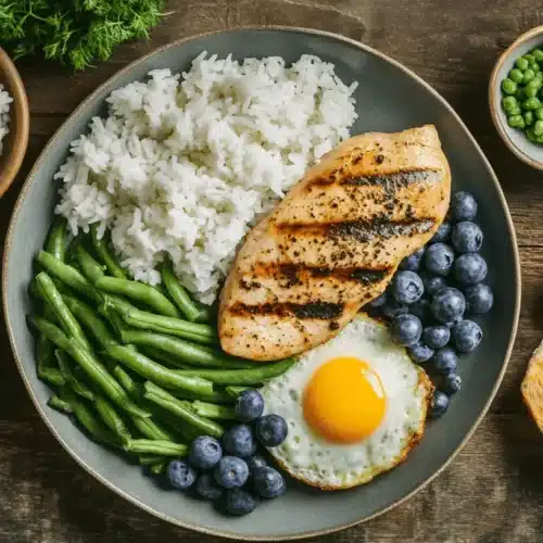 A top-down view of a carefully arranged low-potassium meal spread on a rustic wooden table. The meal includes grilled chicken breast, white rice, steamed green beans, a small portion of blueberries, scrambled eggs, and a slice of white bread. The presentation is simple yet inviting, with soft natural lighting emphasizing the textures and colors of the food, representing a balanced and easy-to-follow 7-day low-potassium diet plan.