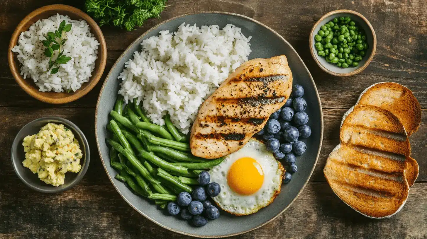 A top-down view of a carefully arranged low-potassium meal spread on a rustic wooden table. The meal includes grilled chicken breast, white rice, steamed green beans, a small portion of blueberries, scrambled eggs, and a slice of white bread. The presentation is simple yet inviting, with soft natural lighting emphasizing the textures and colors of the food, representing a balanced and easy-to-follow 7-day low-potassium diet plan.