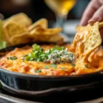 Buffalo Chicken Dip served with chips, celery, and baguette slices on a platter.