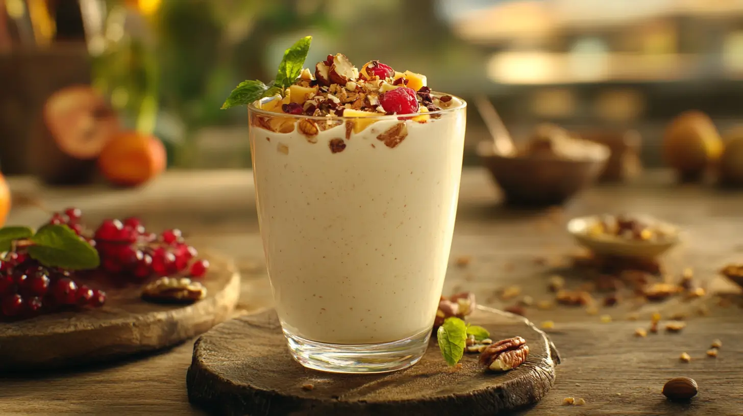 Nutritious smoothie in a glass with fresh fruits and nuts.