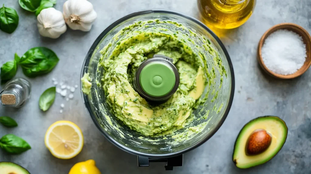 Creamy Avocado Pasta: A Quick, Healthy & Delicious Recipe 2 Creamy Avocado Pasta: A Quick, Healthy & Delicious Recipe Blending avocado sauce for Creamy Avocado Pasta in a food processor.