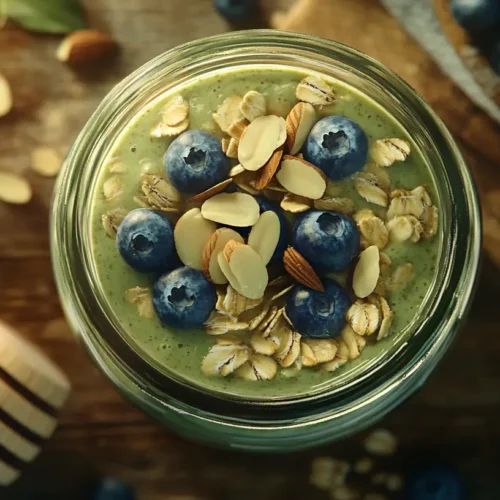 Matcha Overnight Oats with Almond Milk in a jar with toppings.