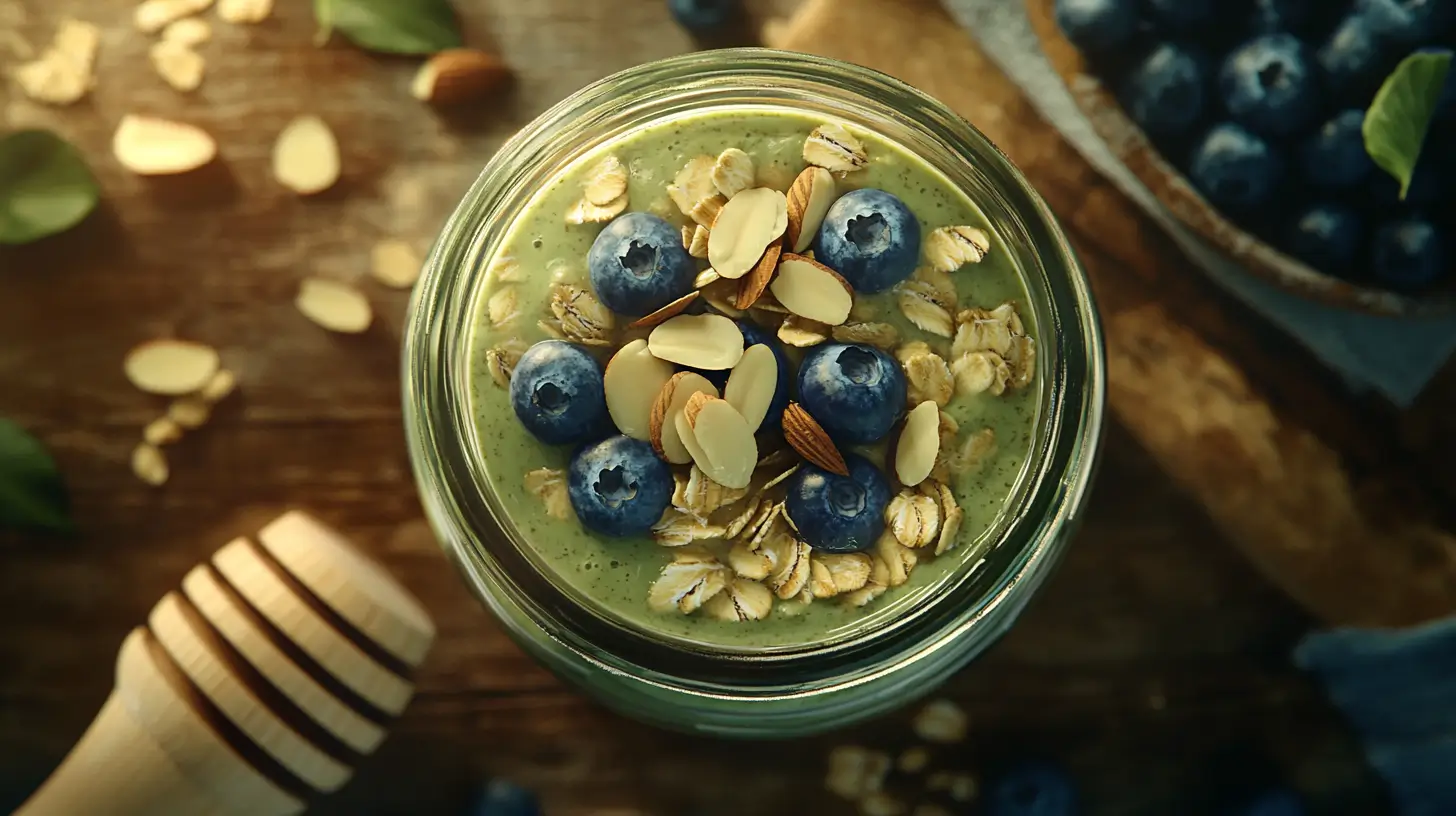 Matcha Overnight Oats with Almond Milk in a jar with toppings.