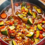 A hearty Mediterranean diet soup recipe with zucchini, carrots, corn, and celery in a tomato-based broth, served in a red pot.