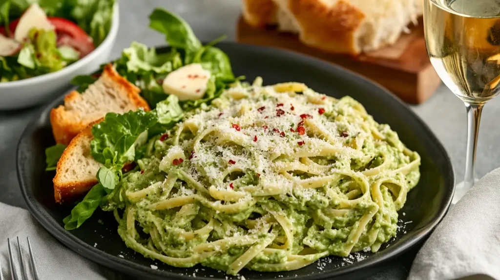 Creamy Avocado Pasta: A Quick, Healthy & Delicious Recipe 4 Creamy Avocado Pasta: A Quick, Healthy & Delicious Recipe Creamy Avocado Pasta served with garlic bread and a fresh salad.